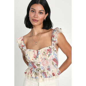 Lulus Charmingly Sweet Cream Floral Print Lace Bustier Top White - Size M